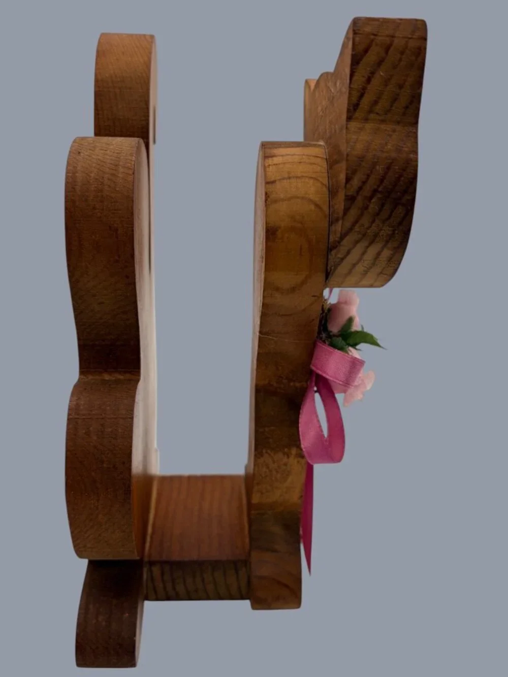 Vintage Hand Carved Wooden Cat Napkin Holder w/ Pink Ribbon Floral Accent
